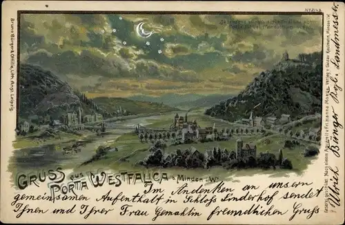 Mondschein Litho Porta Westfalica an der Weser, Panorama