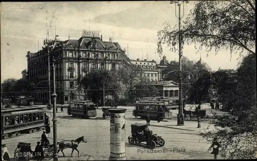 Ak Berlin Tiergarten, Potsdamer Platz, Straßenbahn, Pferdekutsche, Litfasssäule