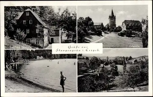 Ak Stangengrün Kirchberg in Sachsen, Gasthaus Talmühle, Ortsmitte, Herrenteich, Totalansicht