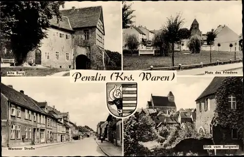 Ak Penzlin in Mecklenburg, Alte Burg, Platz des Friedens, Blick vom Burgwall, Warener Straße, Wappen