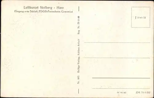 Ak Stolberg im Harz, Eingang zum Schloss, FDGB-Ferienheim Comenius