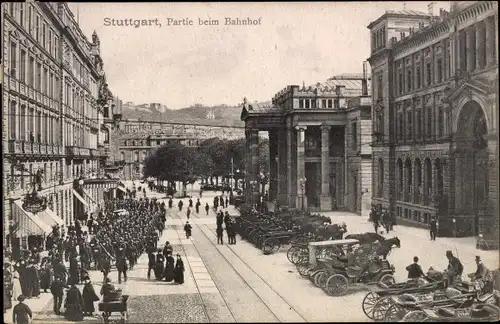 Ak Stuttgart am Neckar, Bahnhof, Kutschen