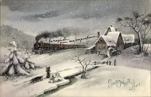 Ak Glückwunsch Neujahr, Winterlandschaft mit Wassermühle, Dampflok