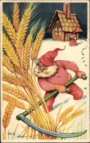 Künstler Ak Glückwunsch Weihnachten und Neujahr, Mann mit Sense, Getreide
