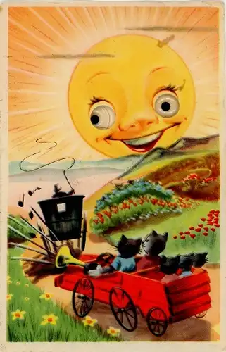 Wackelaugen Ak Katzenfamilie macht einen Ausflug, Sonnenschein