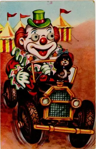 Wackelaugen Quietsch Ak Clown fährt Auto, Hund, Zirkus