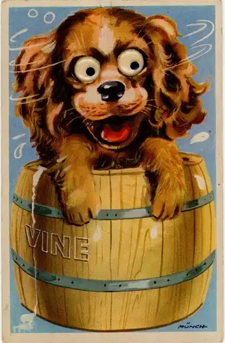 Wackelaugen Künstler Ak Münch, Hund im Weinfass