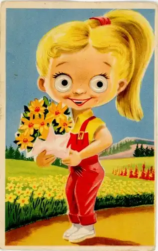 Wackelaugen Ak Mädchen mit Blumenstrauß, Gelbe Blumen