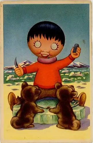 Stoff Ak Junge mit Plastikaugen, Hunde, Fisch, Messer