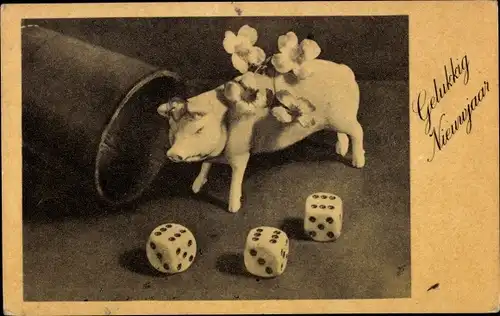 Ak Glückwunsch Neujahr, Schwein, Blumen, Würfel, Becher