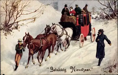 Künstler Ak Howard, C. T., Glückwunsch Neujahr, Pferde, Kutsche, Winterszene