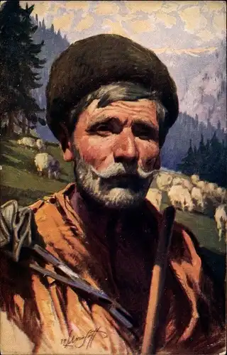 Künstler Ak Morosoff, Trachten Bulgarien, Hirte, Tracht