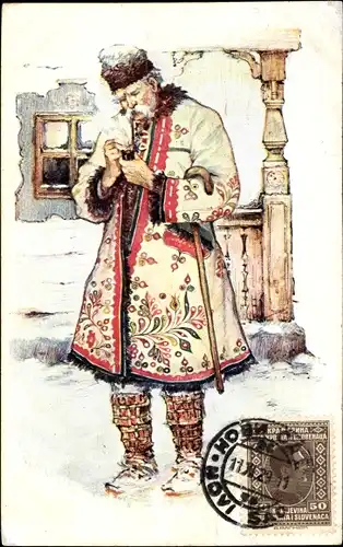 Künstler Ak Kroatische Volkstrachten, Dorfältester aus Otok, Pfeife