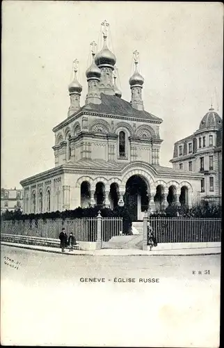 Ak Geneve, Ansicht der Russischen Kirche, Leute