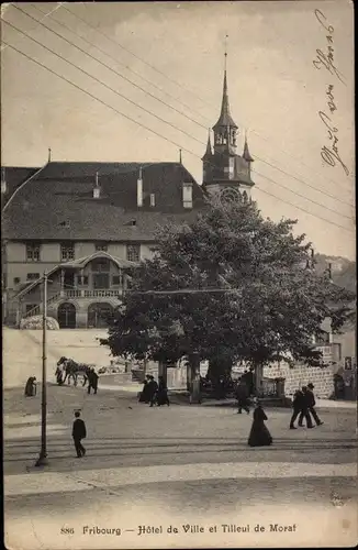 Ak Freiburg Freiburg Stadt Schweiz, Rathaus und Linde von Murten