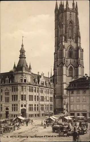 Ak Fribourg Freiburg Stadt Schweiz, die Staatsbank und die Kathedrale