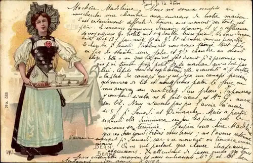 Litho Kanton Bern, Berne, Frau in Tracht, Kaffeetablett