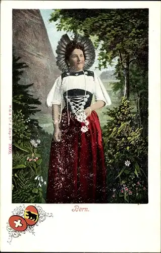 Ak Kanton Bern, Junge Frau in schweizerischer Tracht, Wappen
