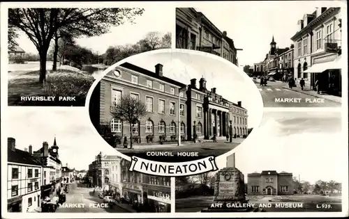 Ak Nuneaton West Midlands England, Council House, Kunstgalerie, Riversley Park