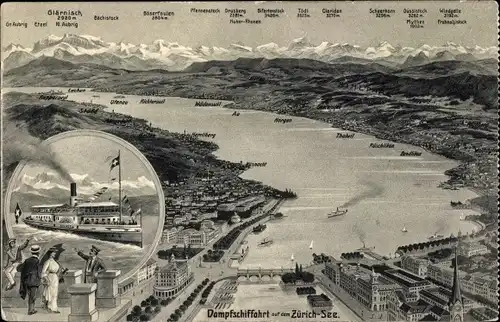 Künstler Ak Zürich Stadt Schweiz, Dampfschiff Helvetia auf dem Zürichsee, Panorama