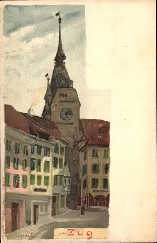 Künstler Litho Zug Stadt Schweiz, Stadtansicht, Rathausturm