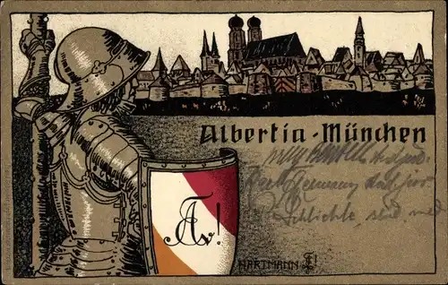 Studentika Künstler Ak Hartmann, Albertia München, Ritter, Wappenschild, Frauenkirche