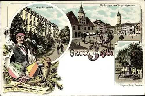 Studentika Litho Jena in Thüringen, Universitätsgebäude, Student m. Bierkrug, Burschenschaftsdenkmal