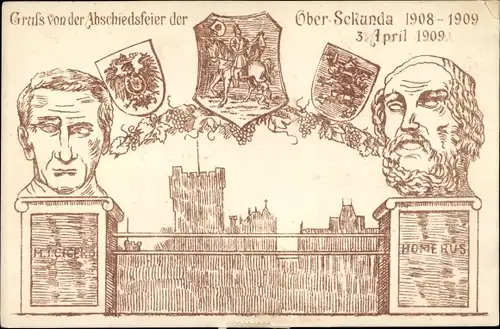 Studentika Ak Bingen am Rhein, Abschiedsfeier der Ober-Sekunda 1908-1909, Cicero, Homerus