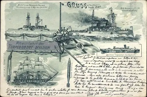 Litho Deutsche Kriegsschiffe, Panzerschiff Kaiser Wilhelm II, Hochsee Torpedoboot, Dampffregatte