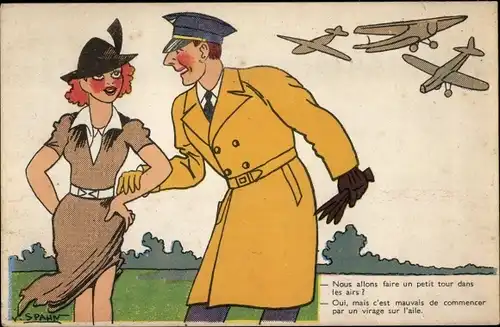 Künstler Ak Spahn, V., Französischer Soldat mit Frau, Pilot, Flugzeuge