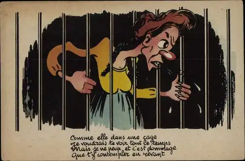 Künstler Ak Comme elle dans une cage, Frau hinter Gittern