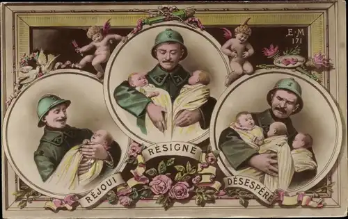 Ak Französischer Soldat verzweifelt mit 3 Babies
