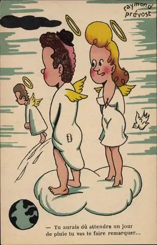 Künstler Ak Prevost, Raymond, Engel pinkelt von einer Wolke