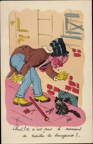 Künstler Ak Betrunkener Mann, schwarze Katze