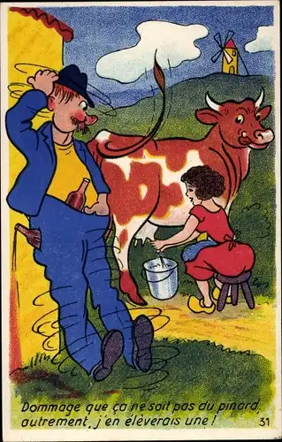 Ak Betrunkener Mann beobachtet eine Frau beim Melken