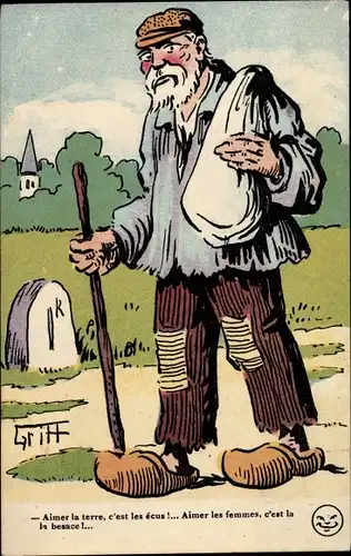 Künstler Ak Griff, Mann in französischer Tracht, Gehstock