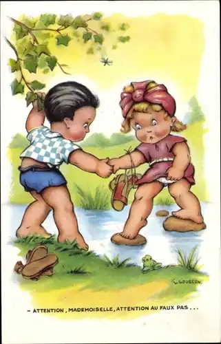 Künstler Ak Gougeon, Junge hilft Mädchen über einen Fluss