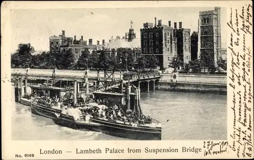 Ak London City England, Lambeth Palace from Suspension Bridge