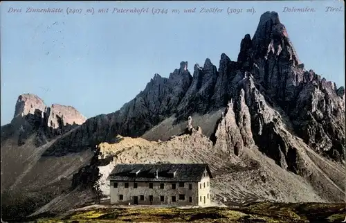 Ak Tirol, Drei Zinnenhütte mit Paternkofel und Zwölfer, Dolomiten