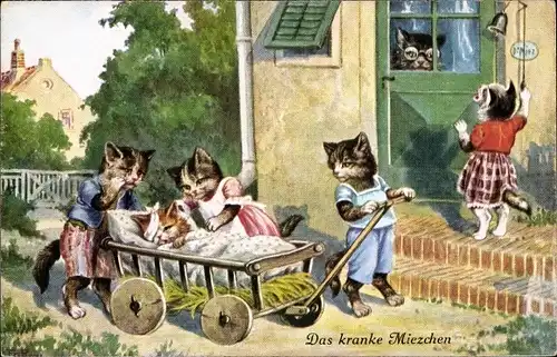 Ak Das kranke Miezchen, Vermenschlichte Katzen, Handwagen