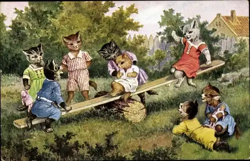 Künstler Ak Vermenschlichte Katzenkinder, Wippe