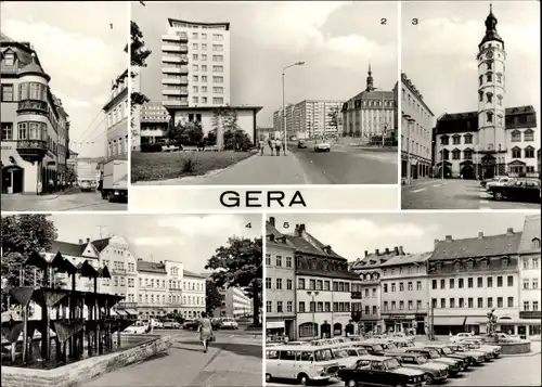 Ak Gera in Thüringen, Erker der Stadt-Apotheke am Markt, Ernst-Thälmann-Str., Rathaus, Puschkinplatz