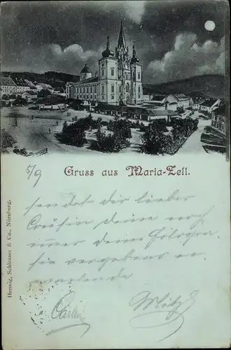 Mondschein Litho Mariazell Steiermark, Kirche