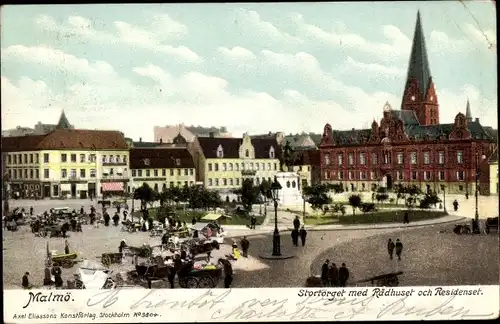 Ak Malmö Schweden, Stortorget med Radhuset och Residenset