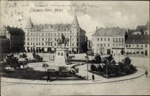 Ak Malmö Schweden, Kramers Hotel, Reiterdenkmal, Platz