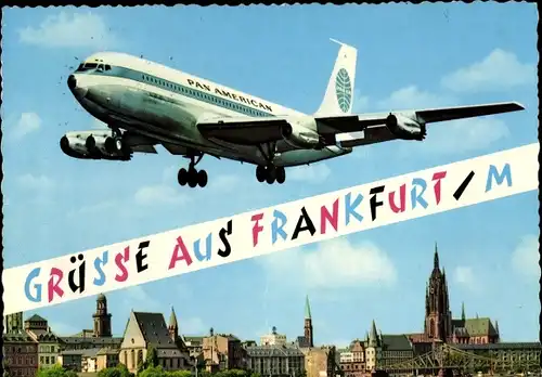 Ak Frankfurt am Main, Flugzeug über der Stadt, Pan American, Kirche