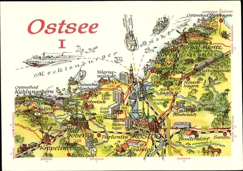 Landkarten Ak Ostseebad Warnemünde Rostock, Graal-Müritz, Kühlungsborn, Dierhagen, Bad Doberan