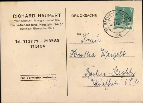Ak Berlin Schöneberg, Immobilienbüro Richard Haupert, Hauptstr. 34-35, Drucksache