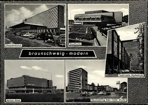 Ak Braunschweig in Niedersachsen, modern, Hauptbahnhof, Stadthalle, Technische Hochschule, Atrium