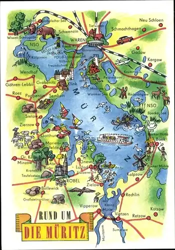 Landkarten Ak Waren an der Müritz, Rund um die Müritz
